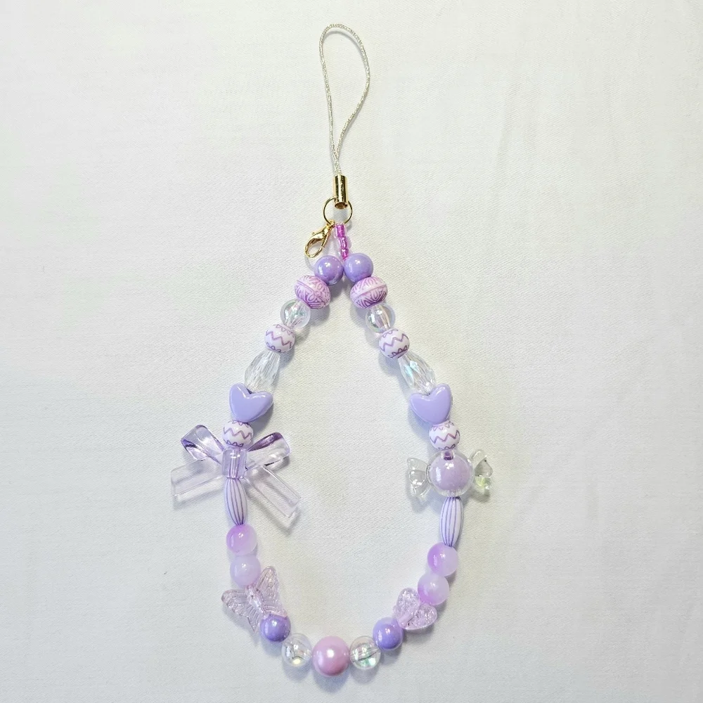 Pastel Purple Iridescent Girly Dainty Barbiecore Beaded Phone Charm Wrist Strap